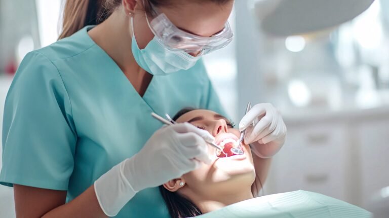 Close-up of a dentist performing teeth cleaning on a patient.